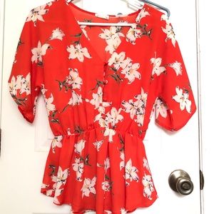 Sienna Sky Red Floral Flowy Top with Cinched Waist